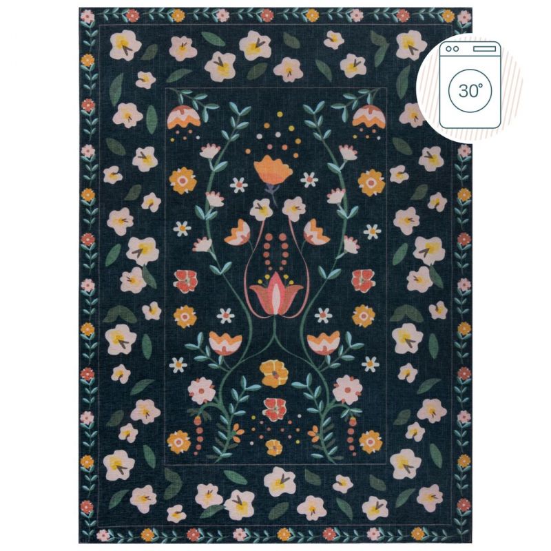 Tapis lavable machine motif floral bleu