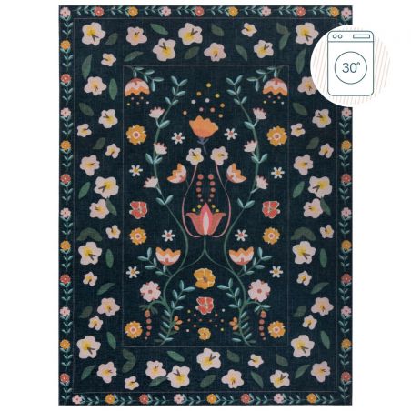 Tapis lavable machine motif floral bleu